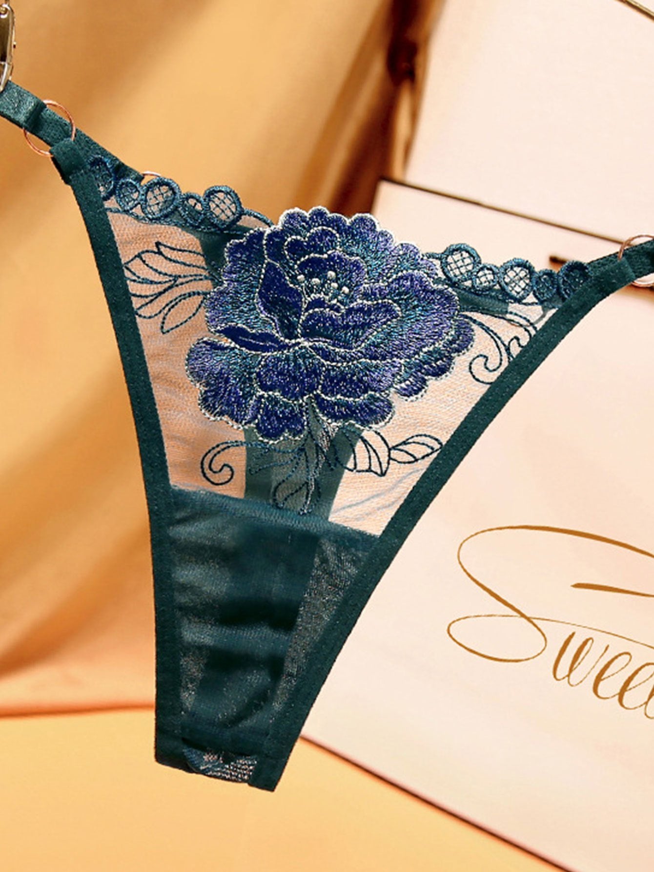 5pcs Floral Embroidery Thongs Semi Sheer Mesh Panties Women's Lingerie
