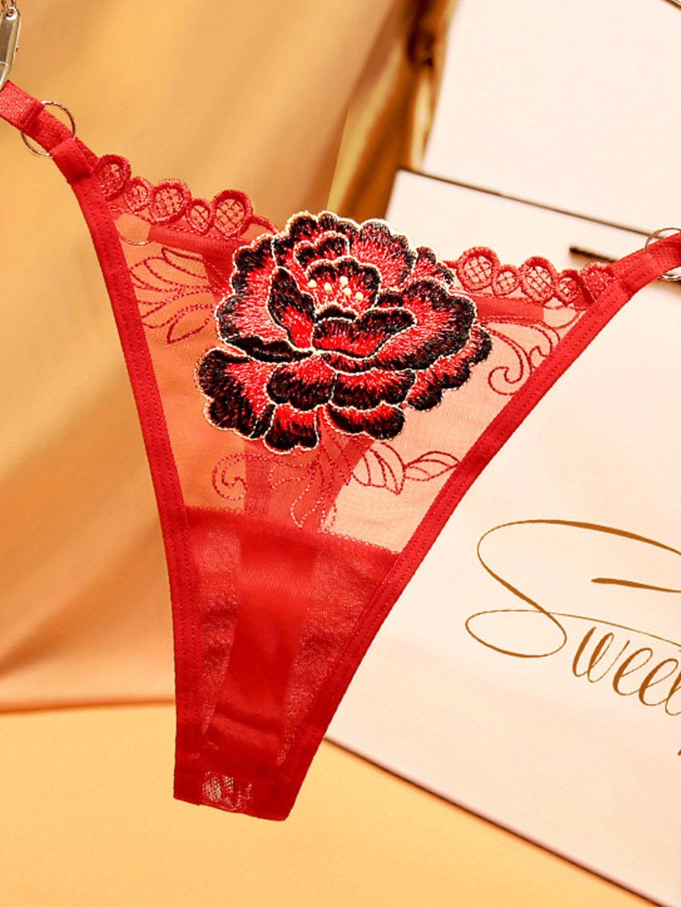 5pcs Floral Embroidery Thongs Semi Sheer Mesh Panties Women's Lingerie