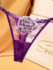 5pcs Floral Embroidery Thongs Semi Sheer Mesh Panties Women's Lingerie