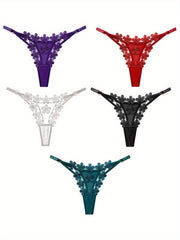 5 Pcs Floral Embroidery Thongs Sexy Sheer Mesh Panties