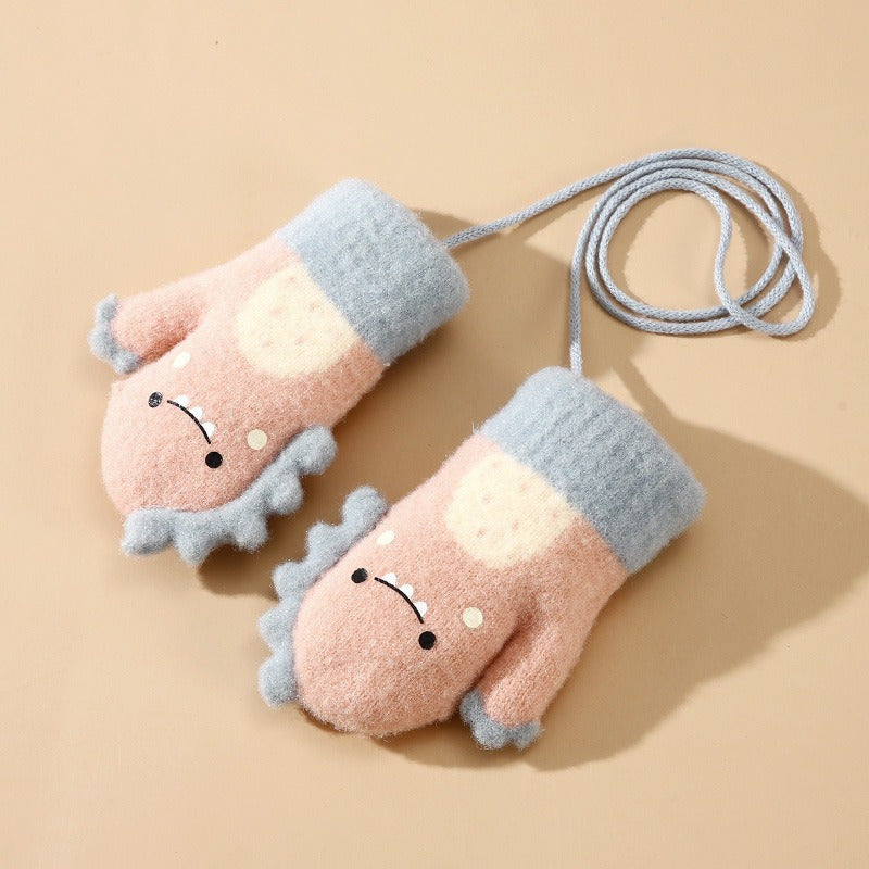 Kids Winter Cartoon Gloves with Lanyard, Warm & Cozy
