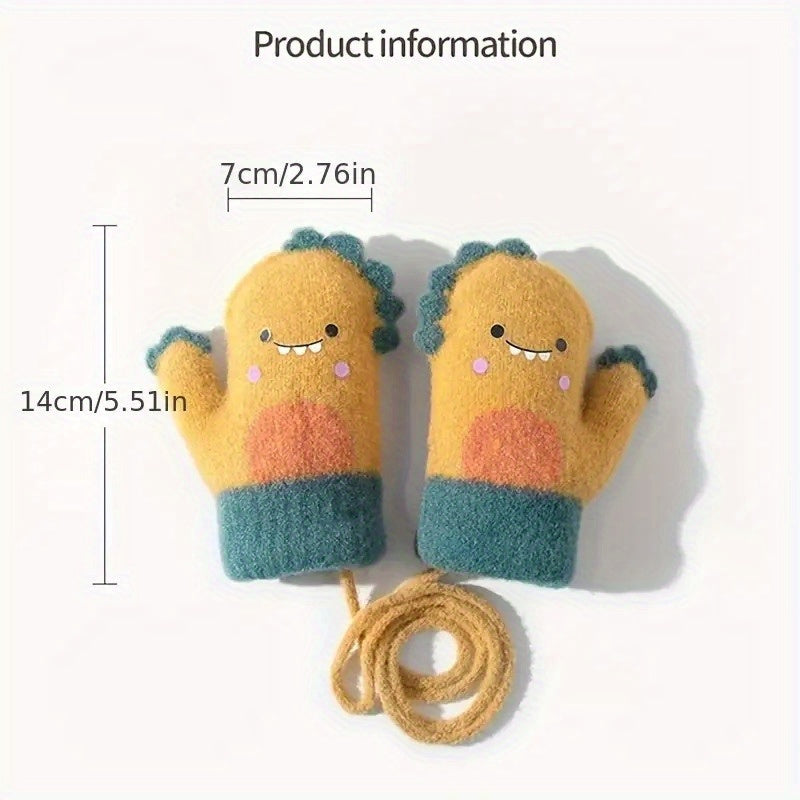 Kids Winter Cartoon Gloves with Lanyard, Warm & Cozy