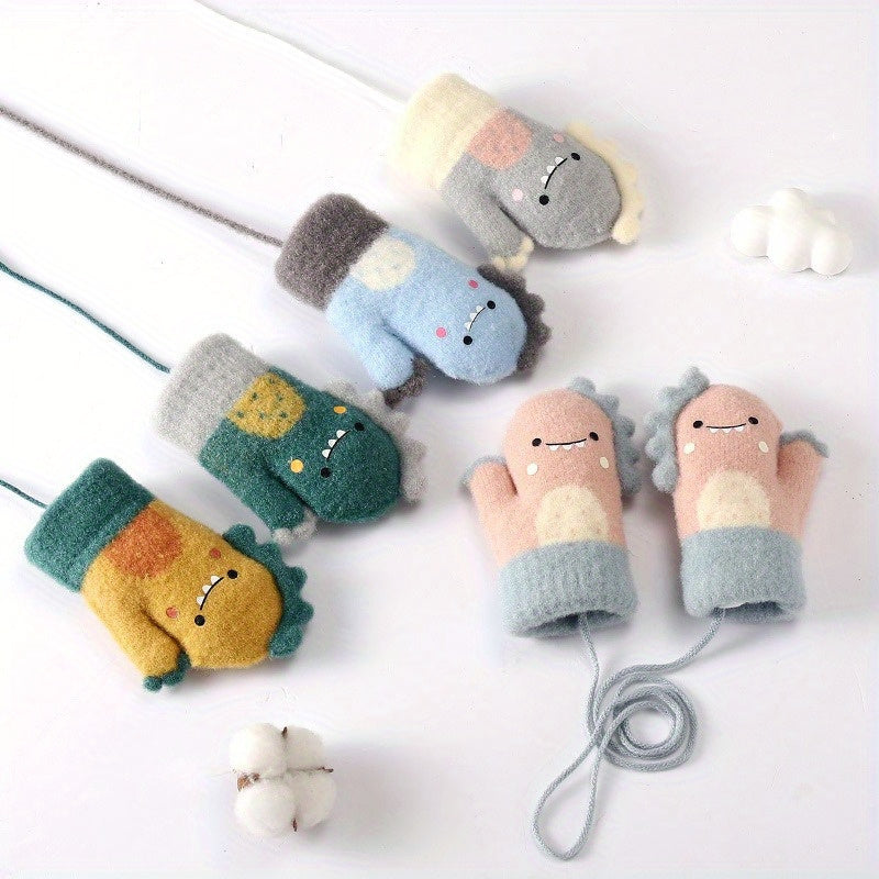 Kids Winter Cartoon Gloves with Lanyard, Warm & Cozy