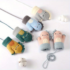 Kids Winter Cartoon Gloves with Lanyard, Warm & Cozy