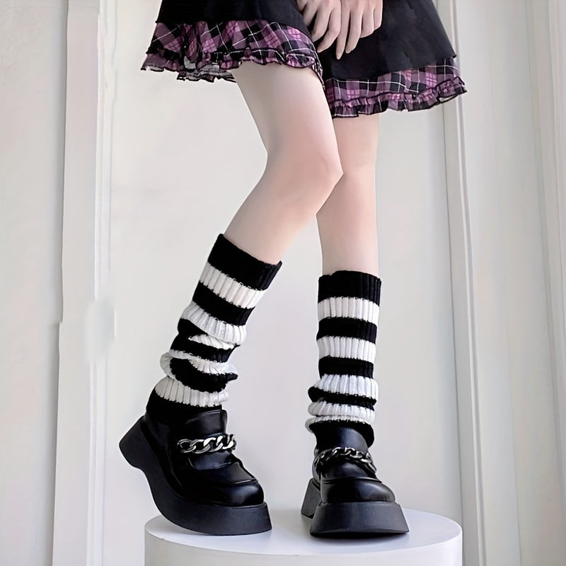 Striped Knitted Leg Warmers Gothic Knee High Socks Women's Stockings