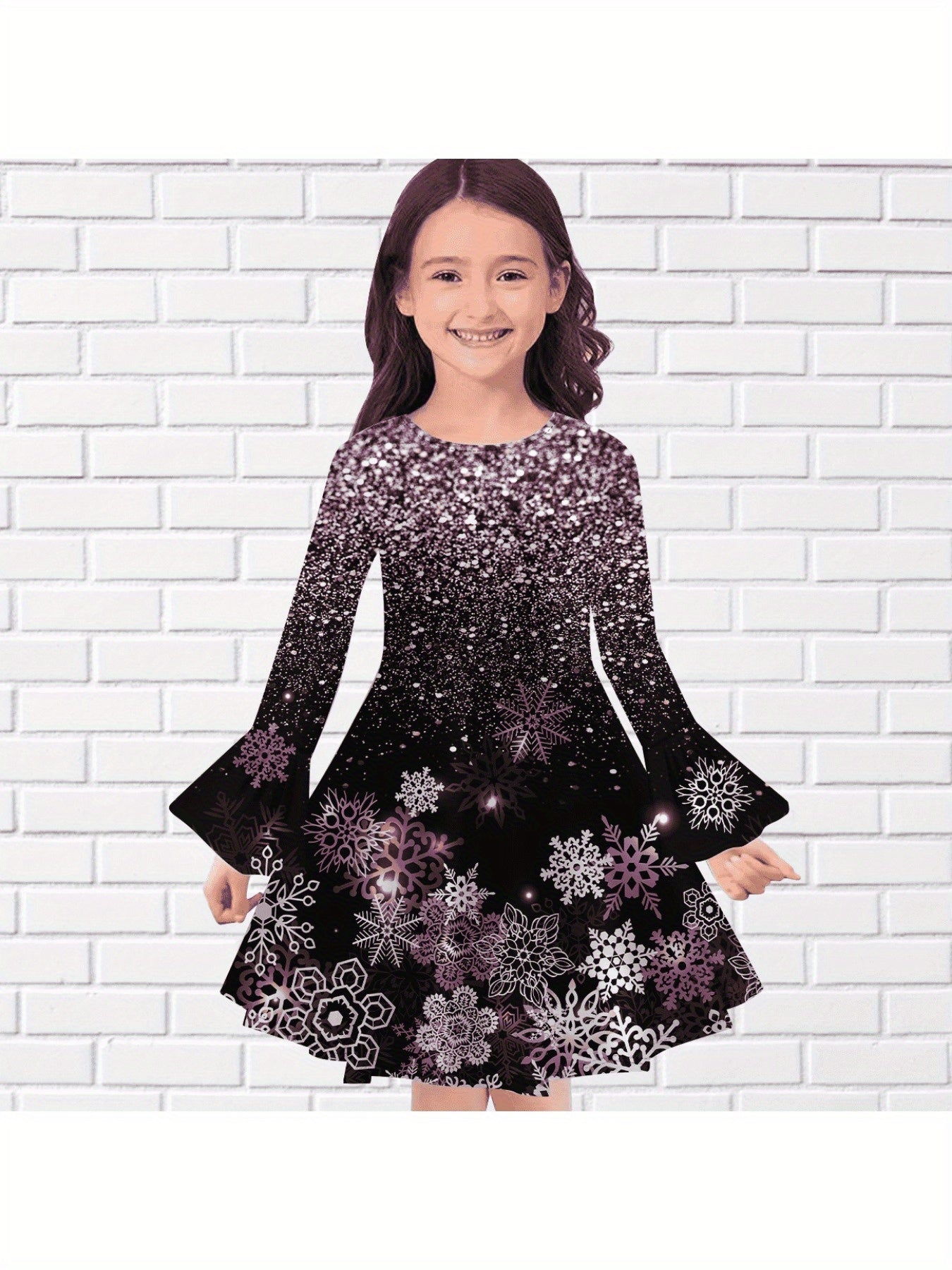 Girls Snowflake Graphic Sequin Print Flare Sleeve Dress Comfy Dresses