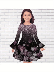 Girls Snowflake Graphic Sequin Print Flare Sleeve Dress Comfy Dresses