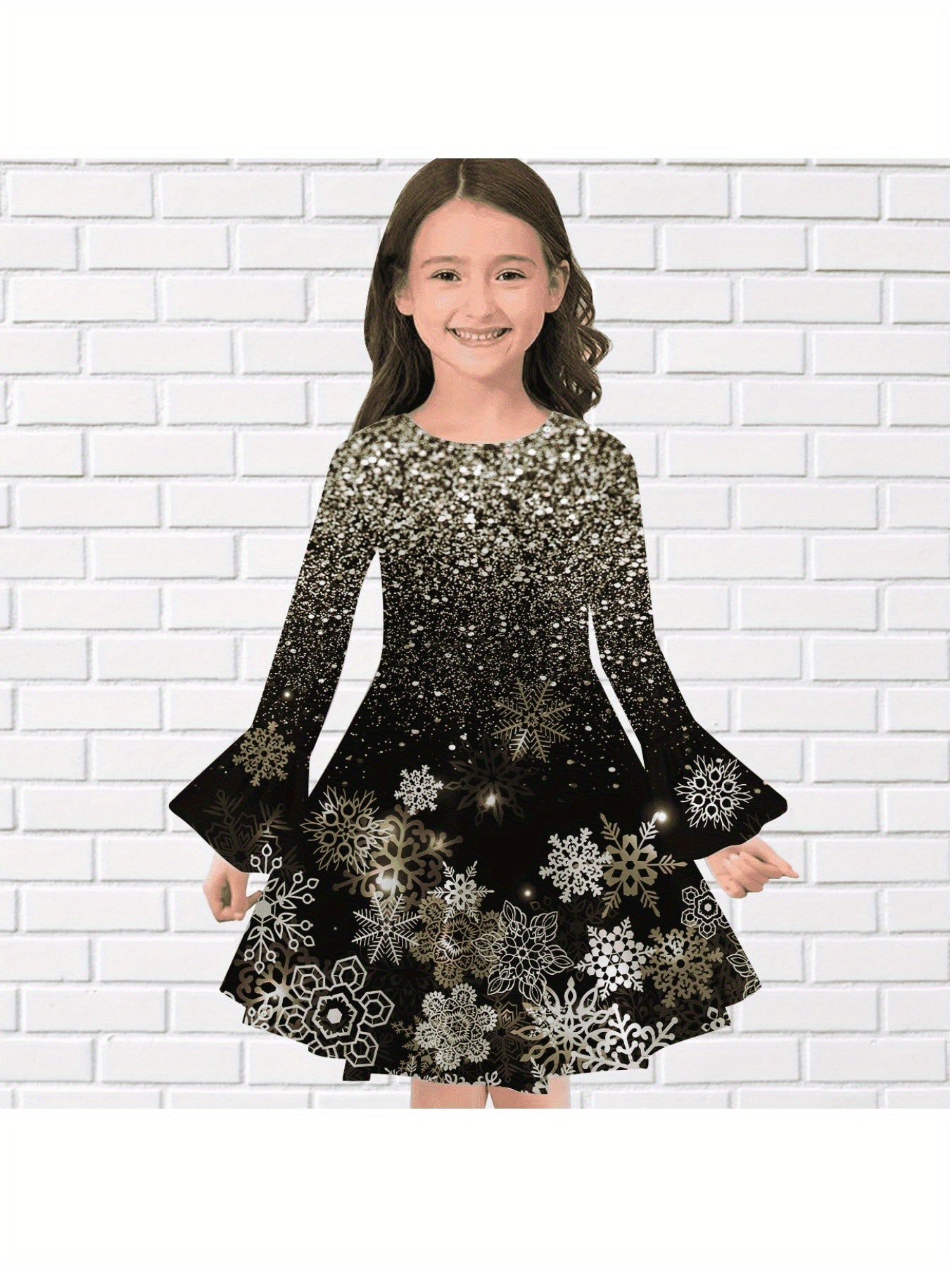 Girls Snowflake Graphic Sequin Print Flare Sleeve Dress Comfy Dresses