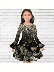 Girls Snowflake Graphic Sequin Print Flare Sleeve Dress Comfy Dresses