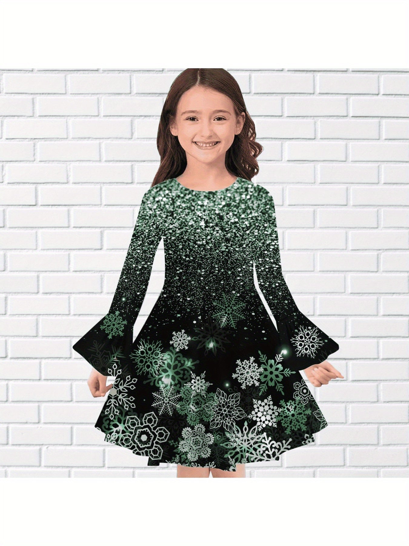 Girls Snowflake Graphic Sequin Print Flare Sleeve Dress Comfy Dresses