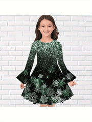Girls Snowflake Graphic Sequin Print Flare Sleeve Dress Comfy Dresses