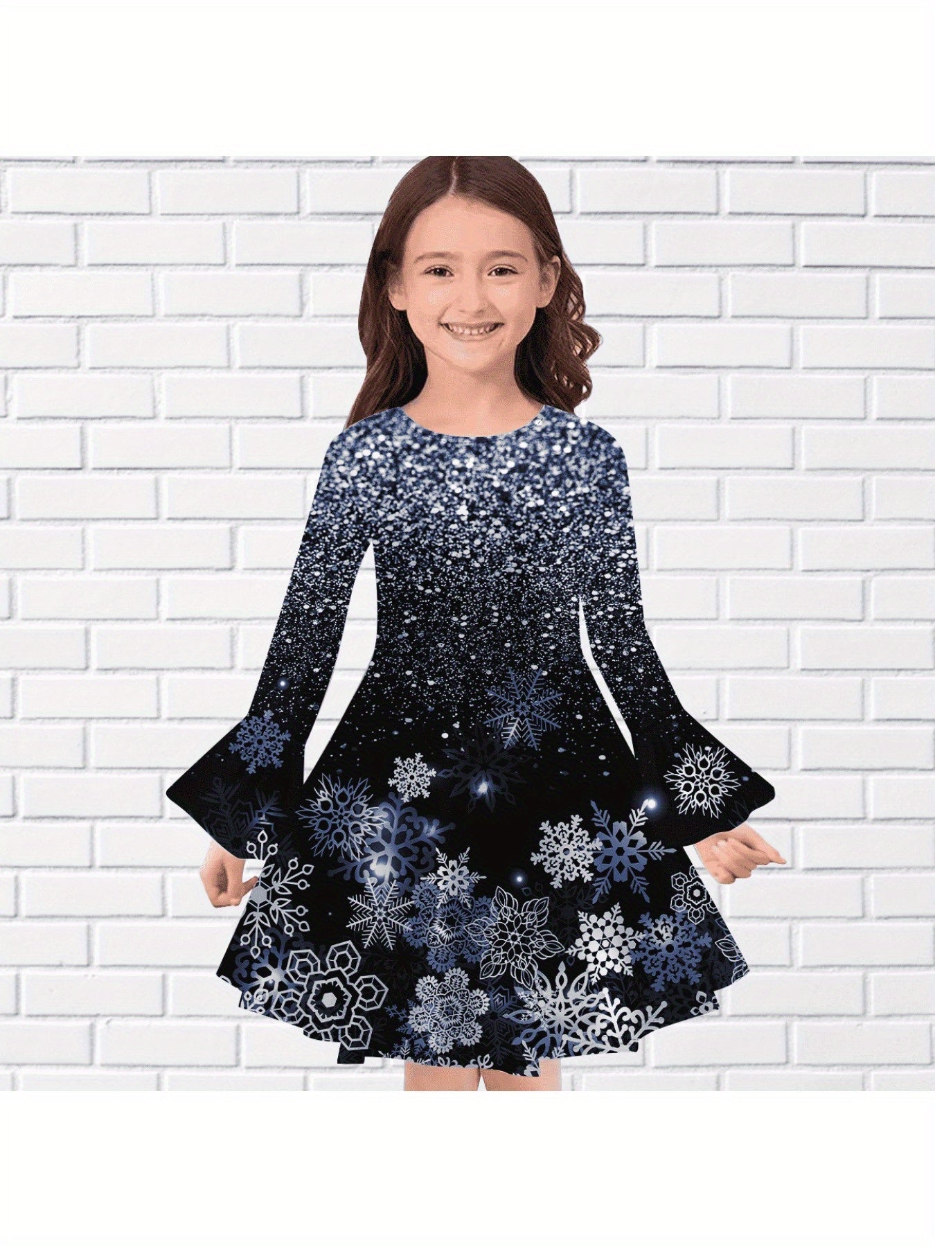 Girls Snowflake Graphic Sequin Print Flare Sleeve Dress Comfy Dresses