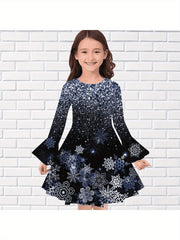 Girls Snowflake Graphic Sequin Print Flare Sleeve Dress Comfy Dresses