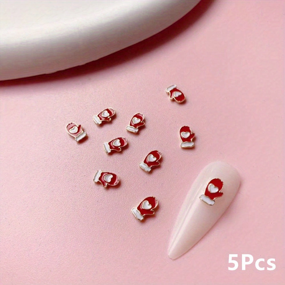 5pcs Christmas Glove Nail Art Charms With Rhinestone, DIY Nail Art Decoration