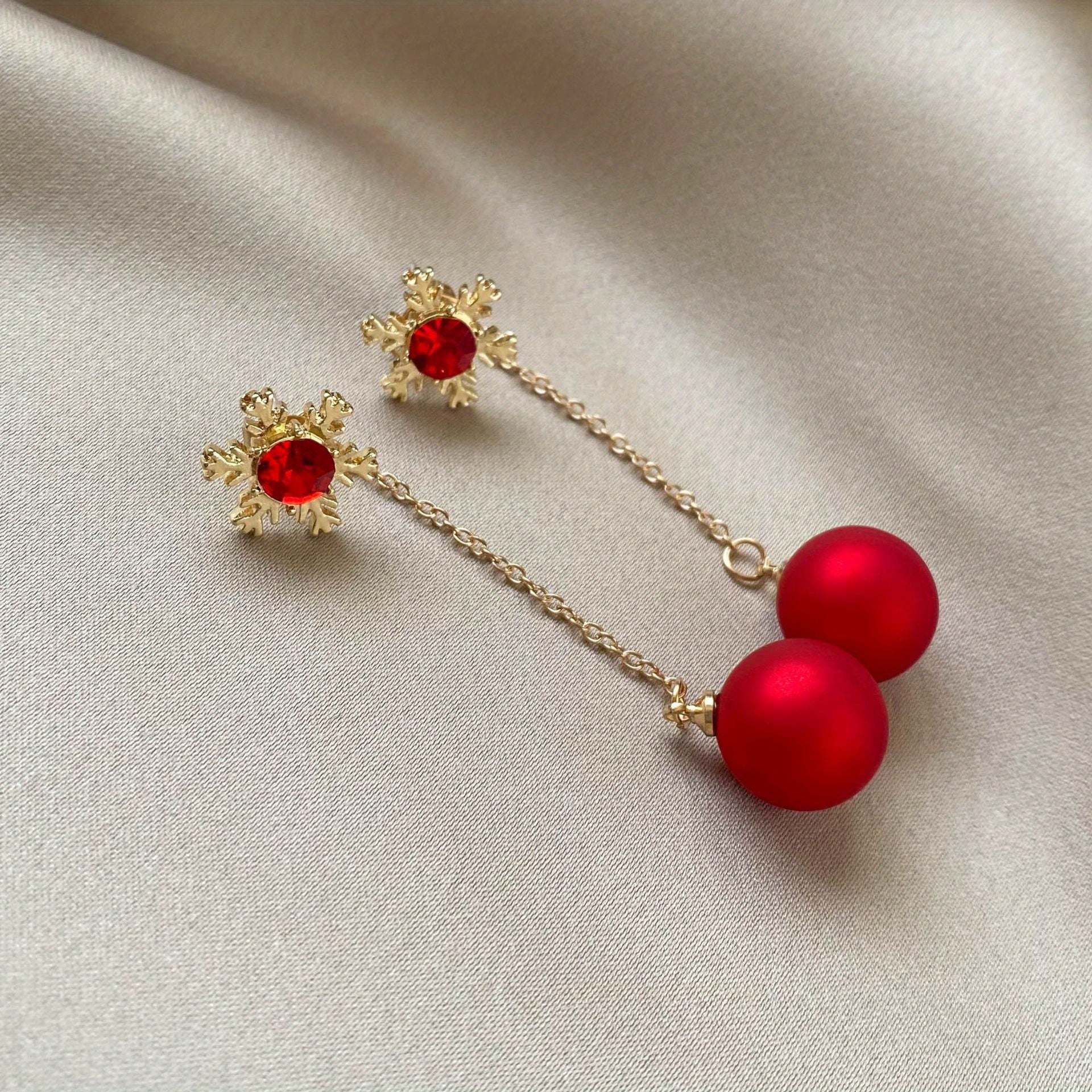 Christmas Snowflake Red Faux Pearl Earrings Retro Party Jewelry
