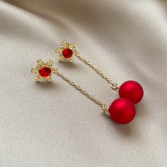 Christmas Snowflake Red Faux Pearl Earrings Retro Party Jewelry