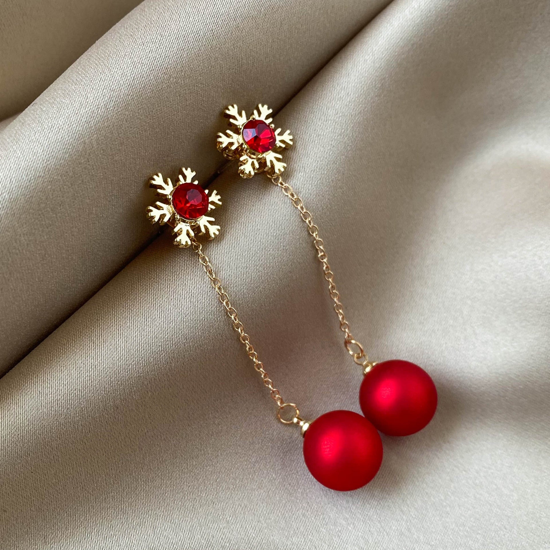 Christmas Snowflake Red Faux Pearl Earrings Retro Party Jewelry