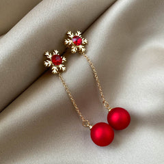 Christmas Snowflake Red Faux Pearl Earrings Retro Party Jewelry