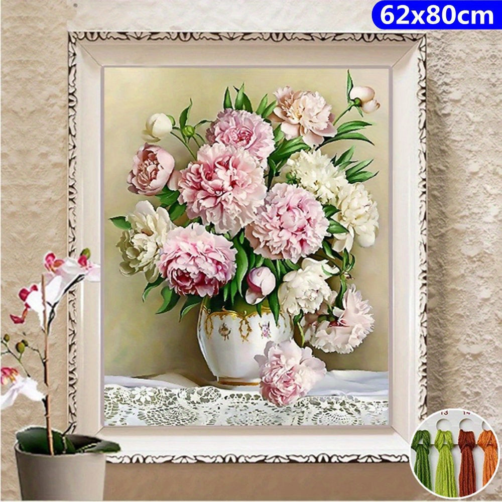 Peony Vase Cross Stitch Kit DIY Embroidery Flower Pattern 11CT Printed Canvas