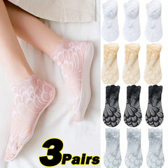 3 Pairs Summer Lace Flower Mesh Socks Non slip Elastic Comfortable Socks