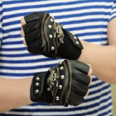 Skull Punk PU Leather Cycling Gloves Fingerless Motorcycle Driving Gloves