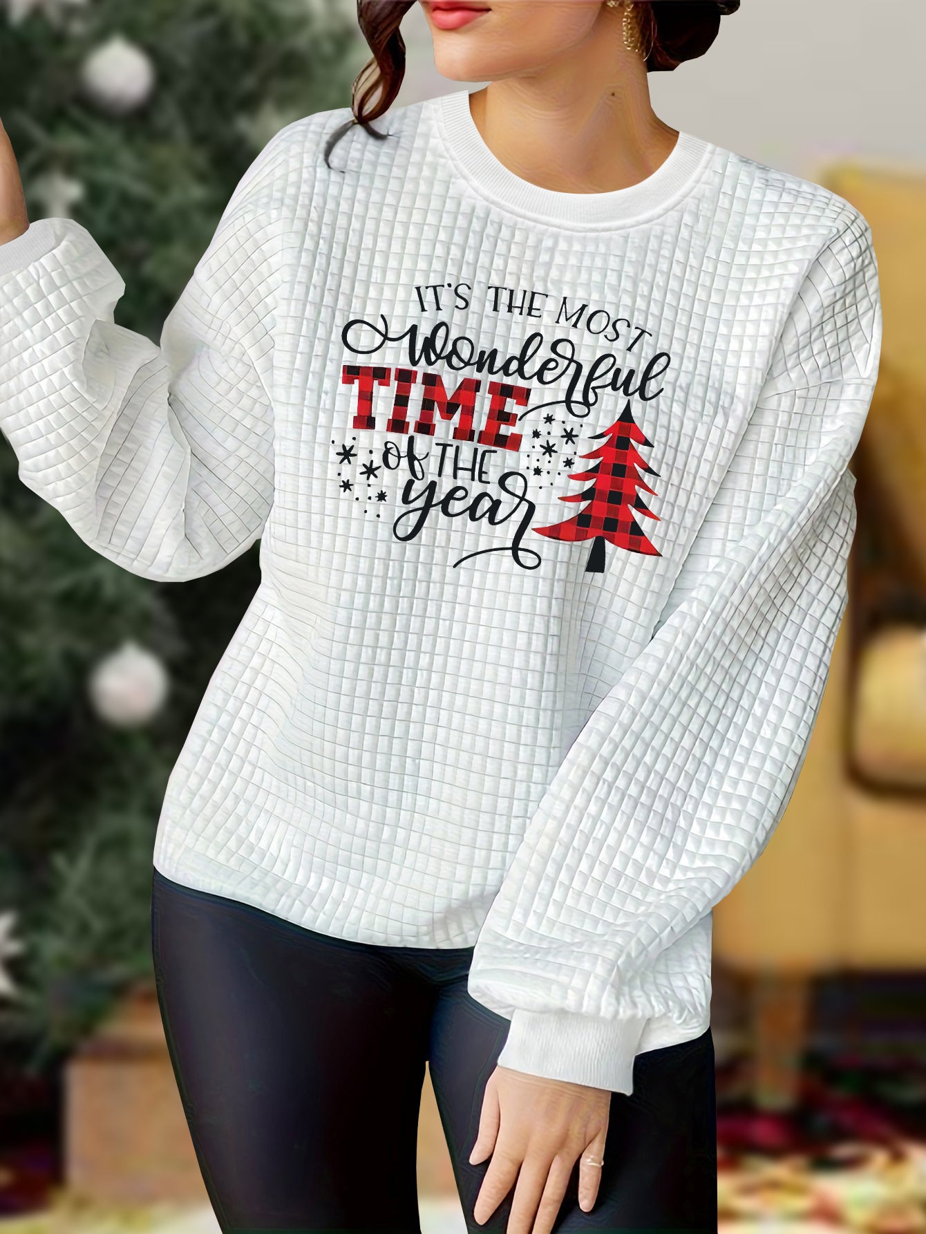 Christmas Top Women's Plus Tree & Slogan Print