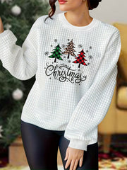 Christmas Casual Loungewear Top Women's Plus Slogan & Tree Print Waffl