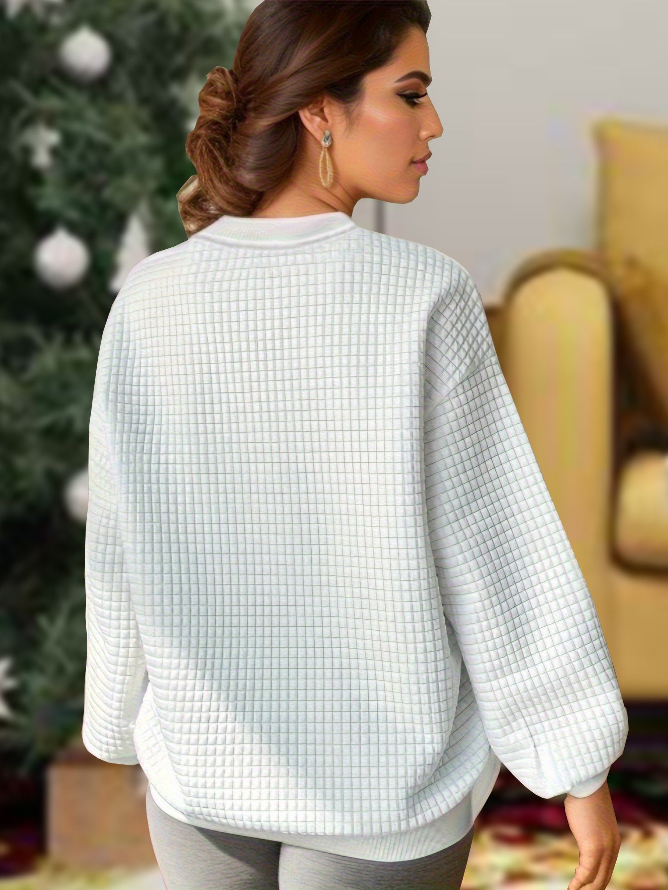 Christmas Casual Loungewear Top Women's Plus Slogan & Tree Print Waffl