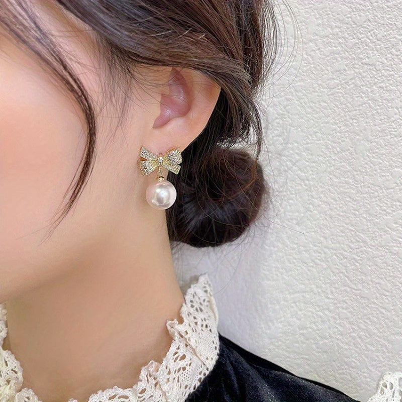 Bow Faux Pearl Earrings Party Jewelry Holiday Birthday Gift