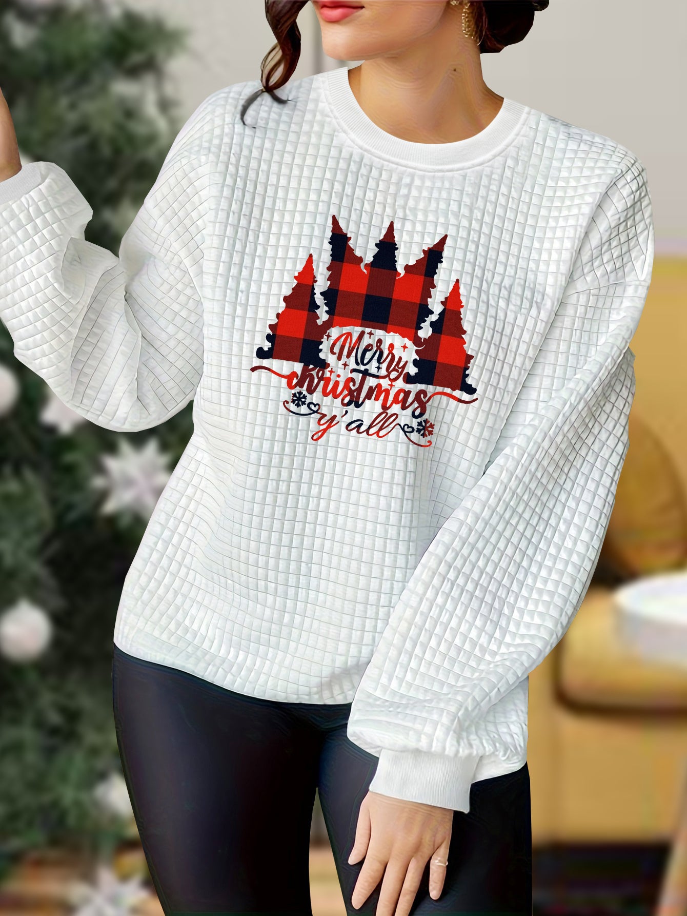 Christmas Casual Loungewear Top Women's Plus Slogan & Tree Print