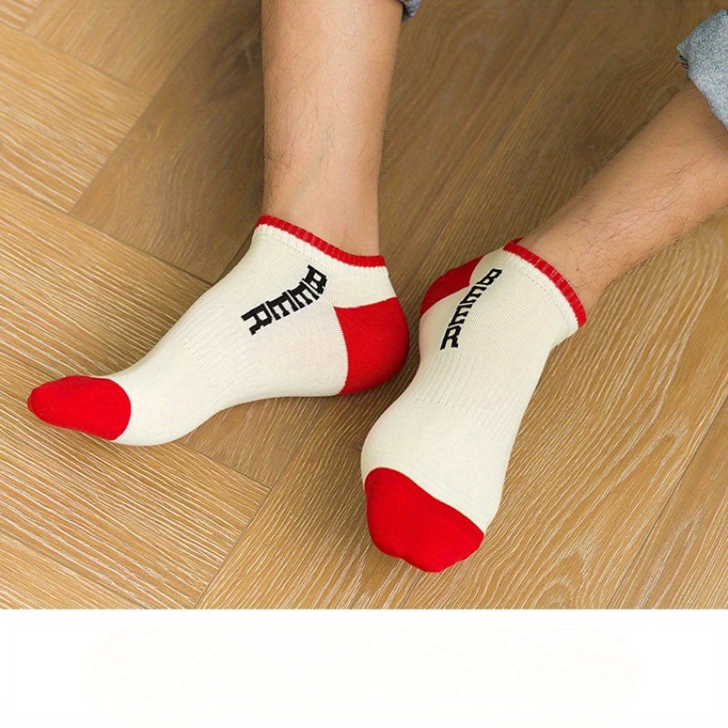 Men's Letter Contrast Cotton Socks 5 Pairs Sweat Absorbing Ankle Sock