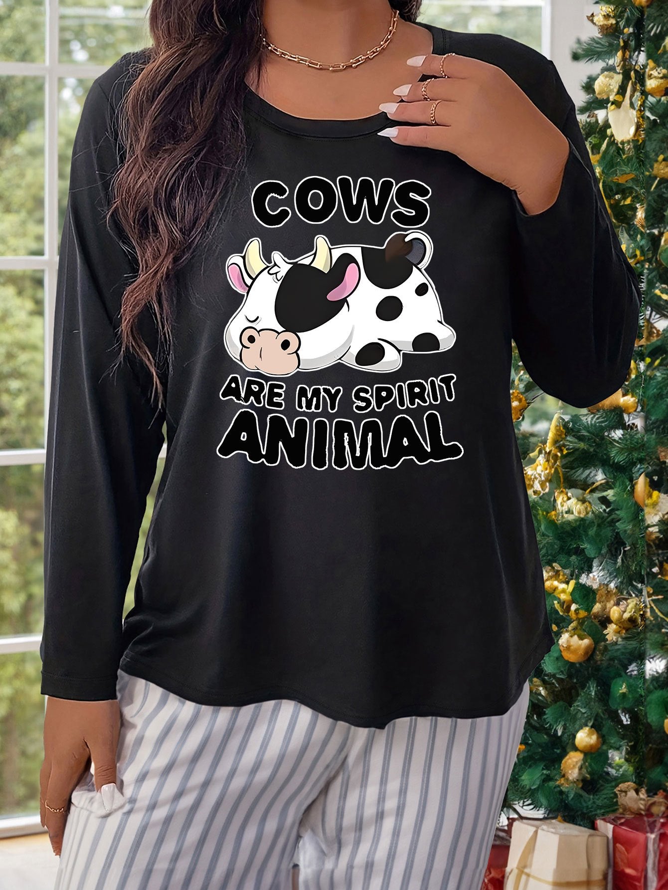Cow Print Long Sleeve Round Neck Pajama Tee