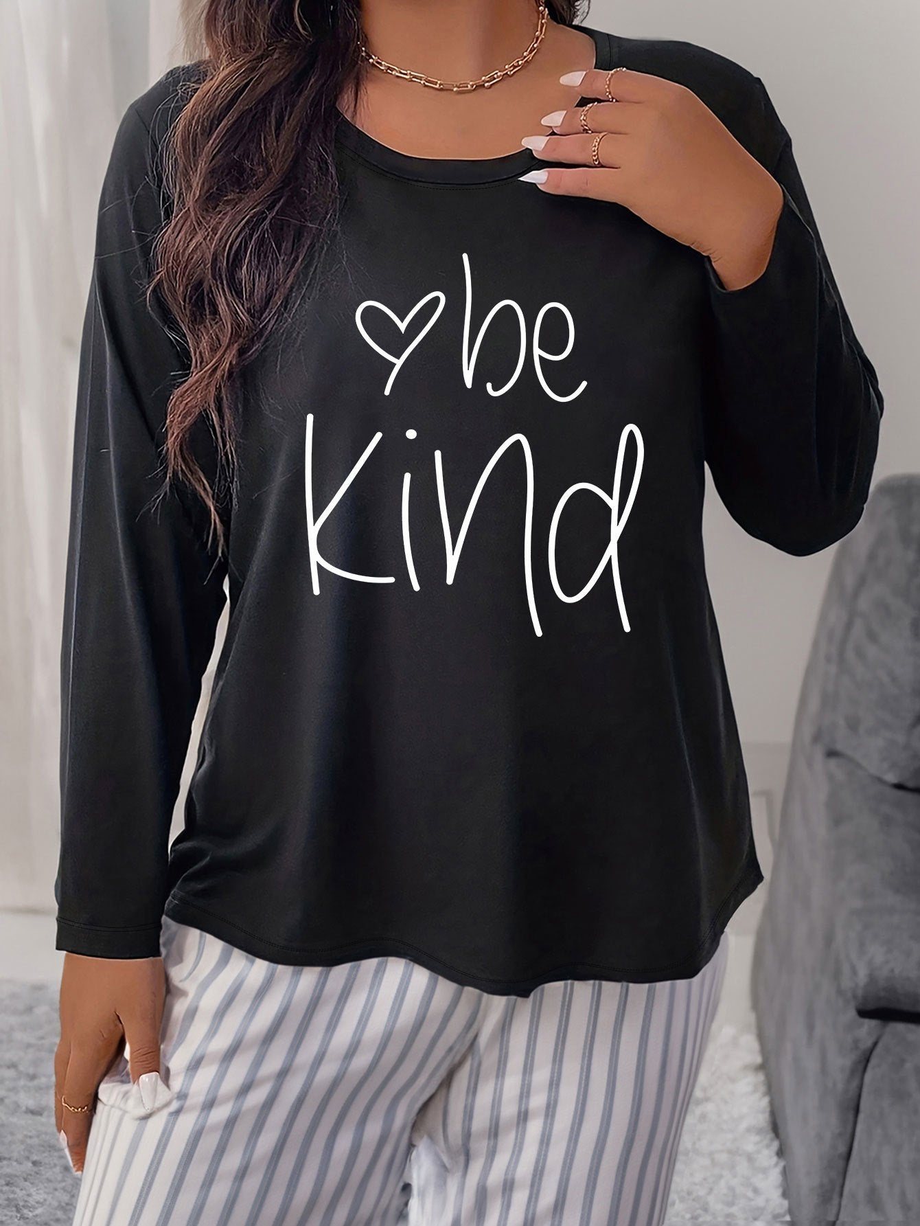 Basic Loungewear Top Women's Plus Long Sleeve Round Neck Pajama Tee