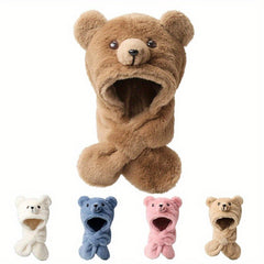 Cartoon Bear Gloves & Hat for Autumn/Winter 2-in-1 Plush Warm Hat & Gloves