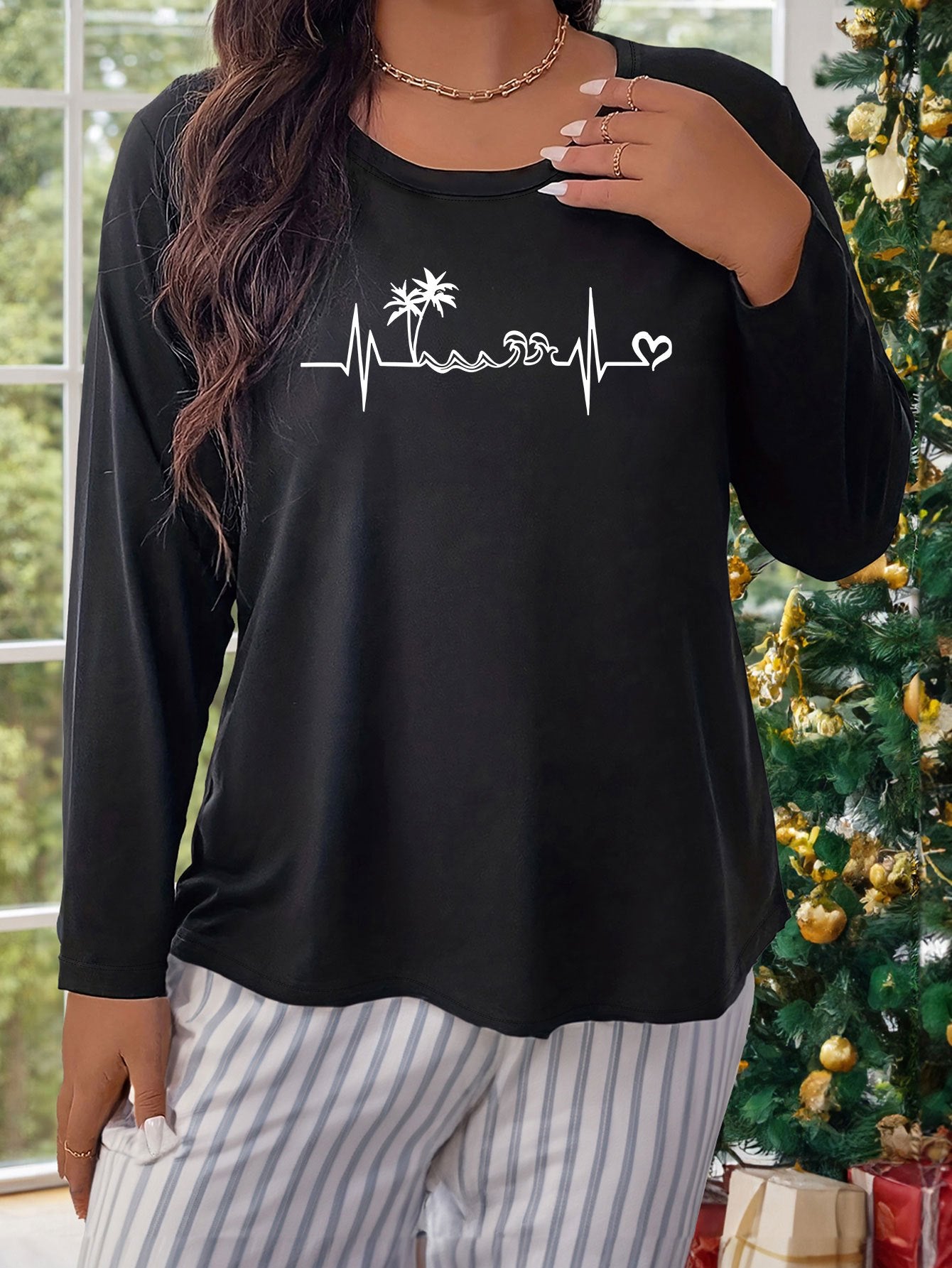 Women's Plus Graphic Print Long Sleeve Round Neck Pajama Top