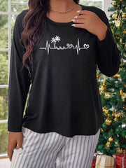 Women's Plus Graphic Print Long Sleeve Round Neck Pajama Top