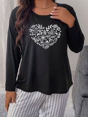 Leaf & Nut Heart Print Long Sleeve Round Neck Sleepwear Tee