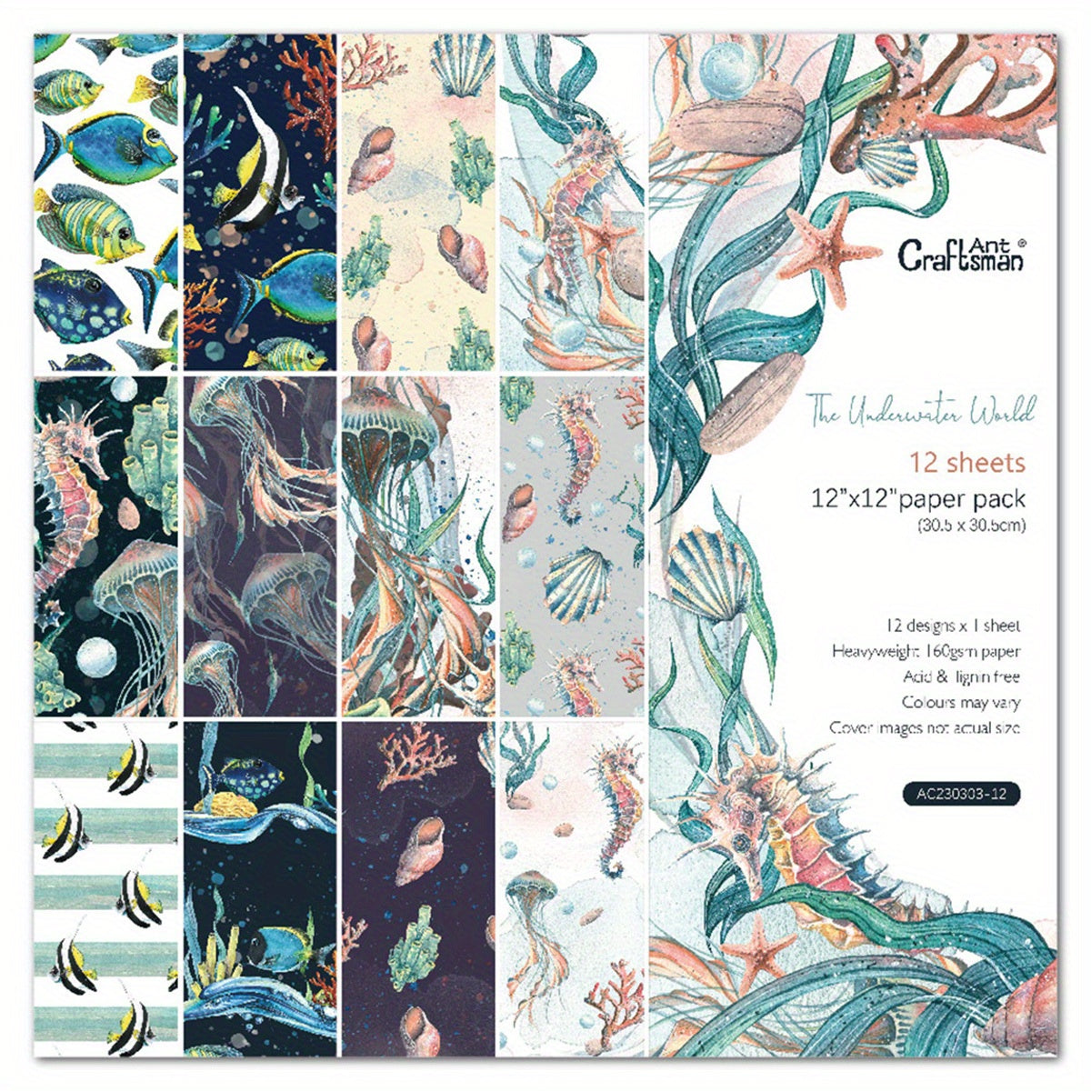 12pcs Marine Life Pattern Scrapbook Paper 30x30 for Journal Making