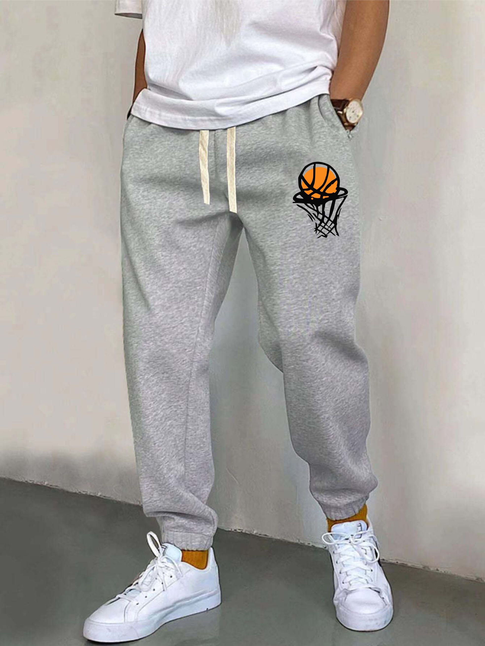 Basketball Pattern Men's Drawstring Sweatpants Pocket Casual Comfy Jogger Pants