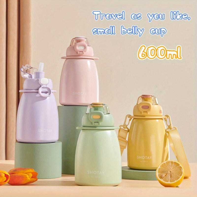 600ml Small Belly Flip Top Water Cup Leakproof Stainless Steel Insulation Bottle