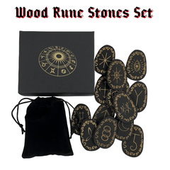 Wood Rune Stones Set X13 Wooden Runes With Box&Bag For Travel Divination