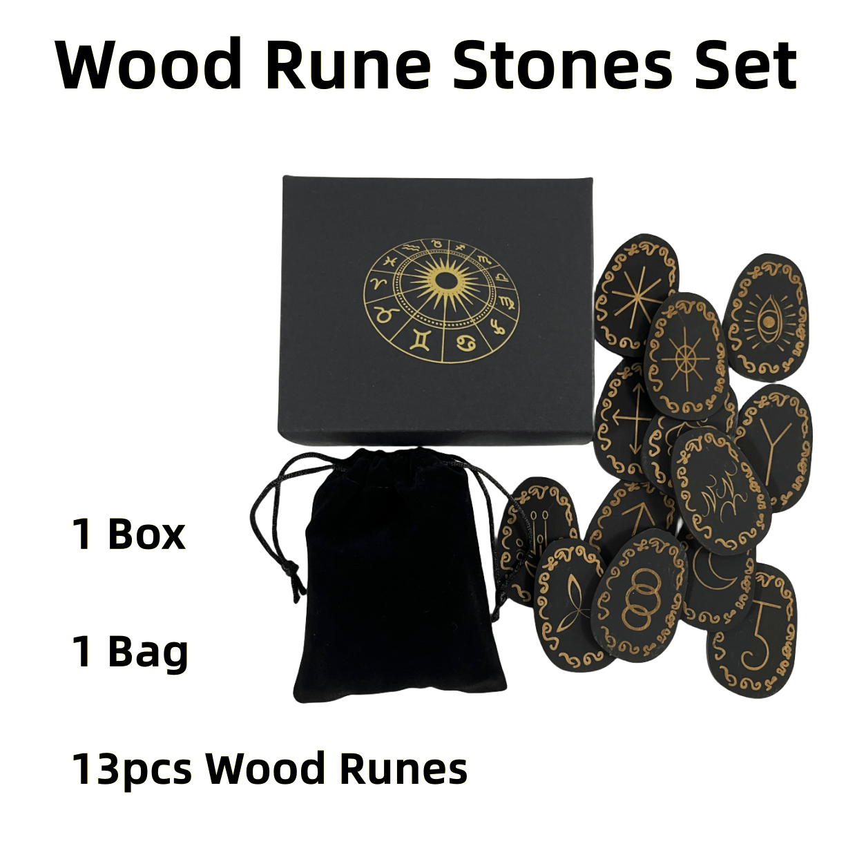 Wood Rune Stones Set X13 Wooden Runes With Box&Bag For Travel Divination