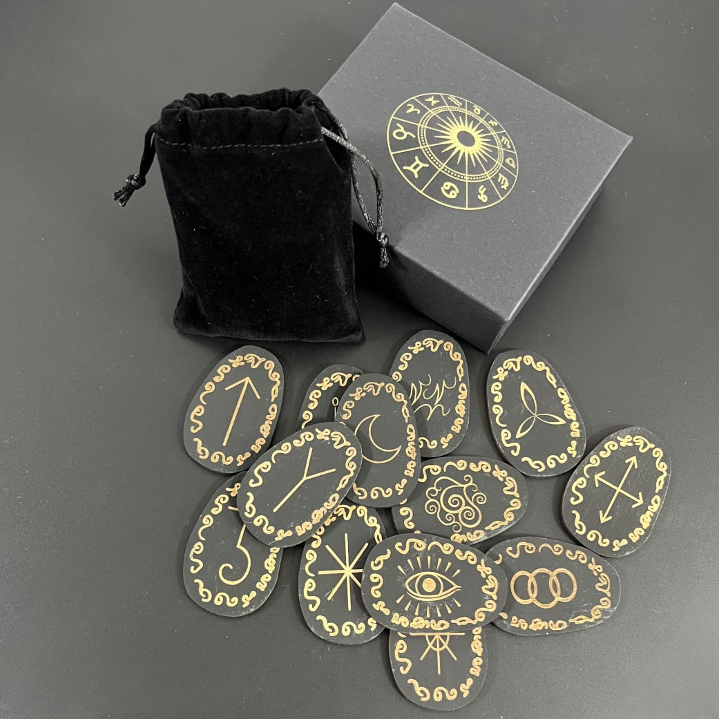 Wood Rune Stones Set X13 Wooden Runes With Box&Bag For Travel Divination