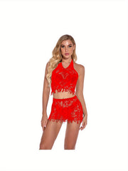 Floral Lace Lingerie Set Halter Mesh Bra & Skirt