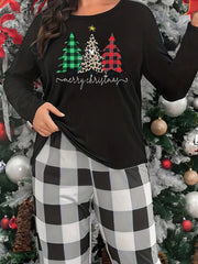 Christmas Tree Print Lounge Top Long Sleeve Crew Neck Women's Sleepwear
