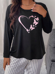 Women's Plus Size Butterfly Heart Graphic Long Sleeve Round Neck T shirt