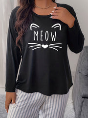 Women's Plus Size Cat Graphic Long Sleeve Home Wear T-shirt