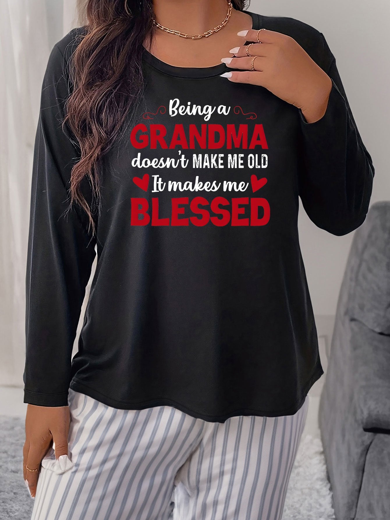 Women's Plus Size Letter Graphic Long Sleeve Round Neck Sleepwear Top