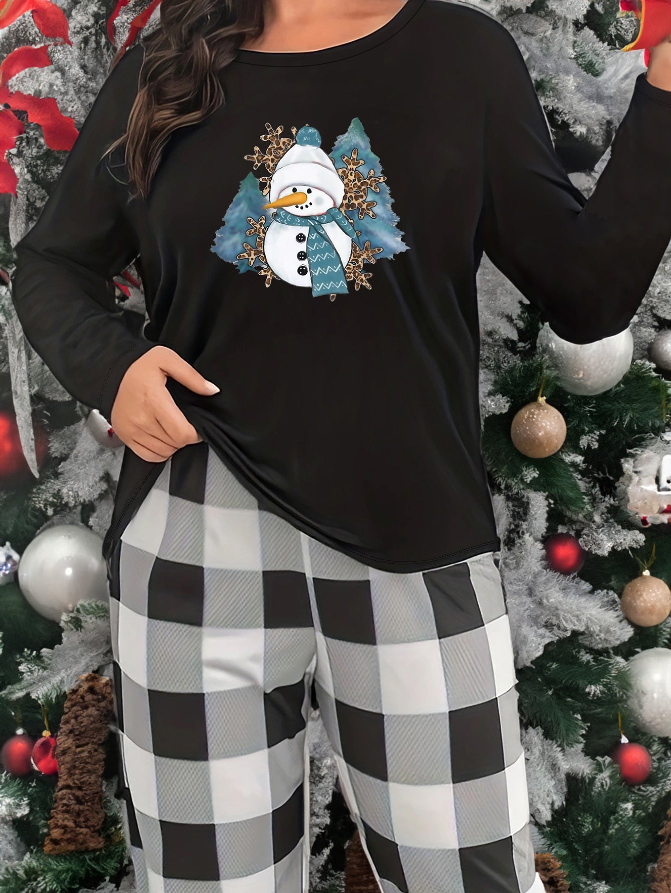 Christmas Snowman Print Lounge Top Long Sleeve Crew Neck Women's Pajamas