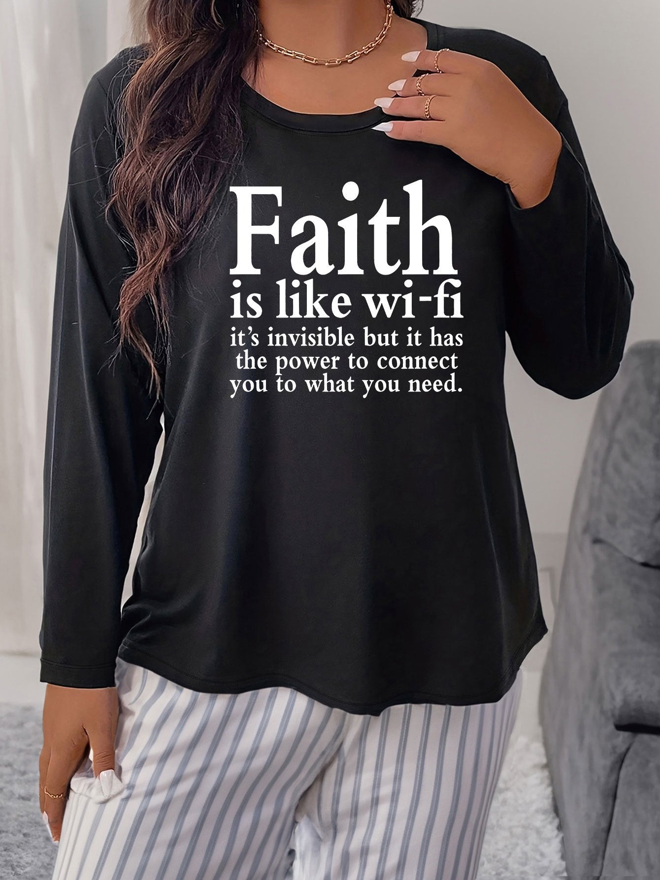 Women's Plus Size Slogan Graphic Long Sleeve Round Neck Home Wear T-shirt